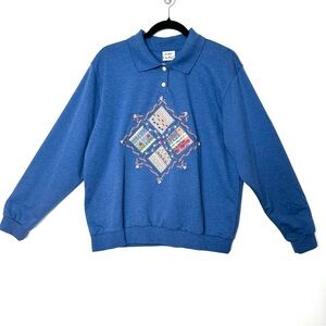 Vintage Cottagecore Embroidered Granny Square Floral Scalloped Collar Sweatshirt